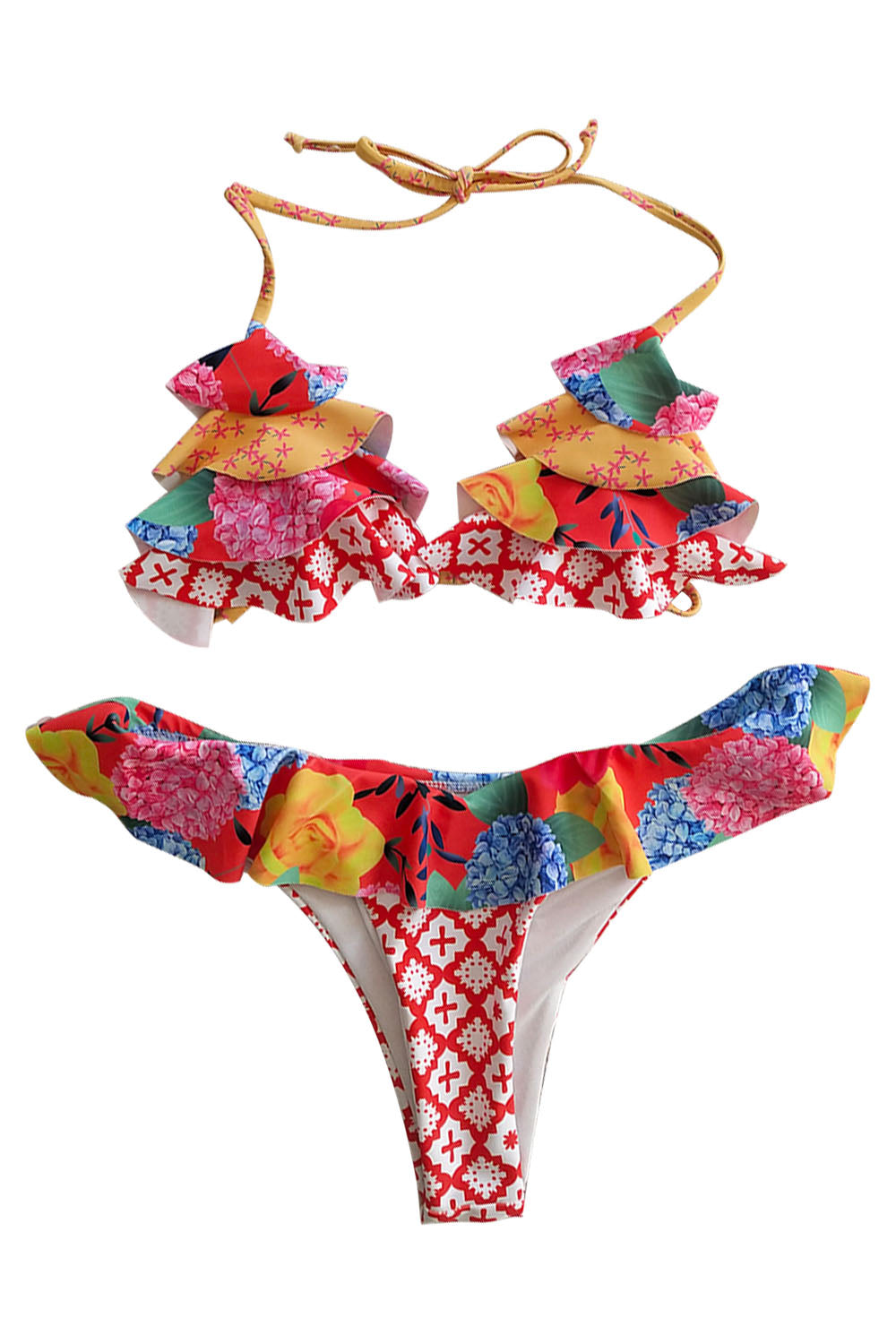 Iyasson Colorful Ruffled Halter-neck Bikini Set