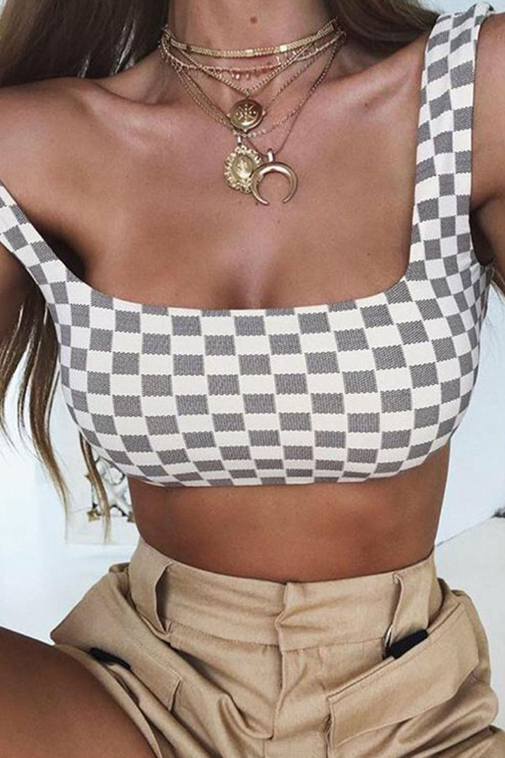 Iyasson Grid Print Tank Top Two-piece Bikini Set