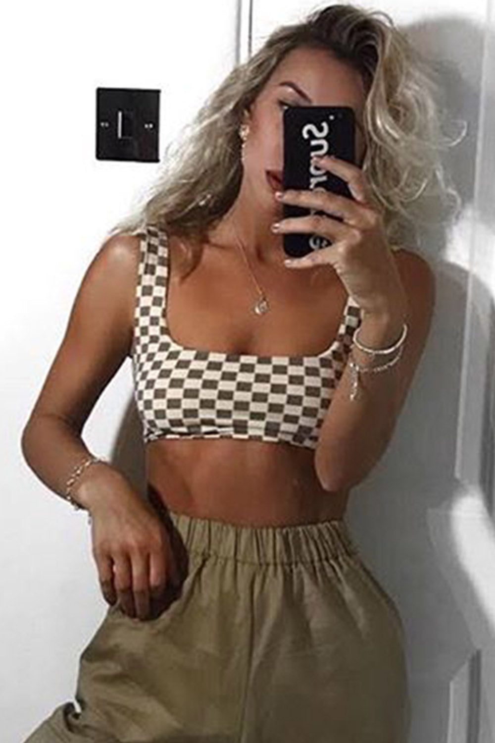 Iyasson Grid Print Tank Top Two-piece Bikini Set