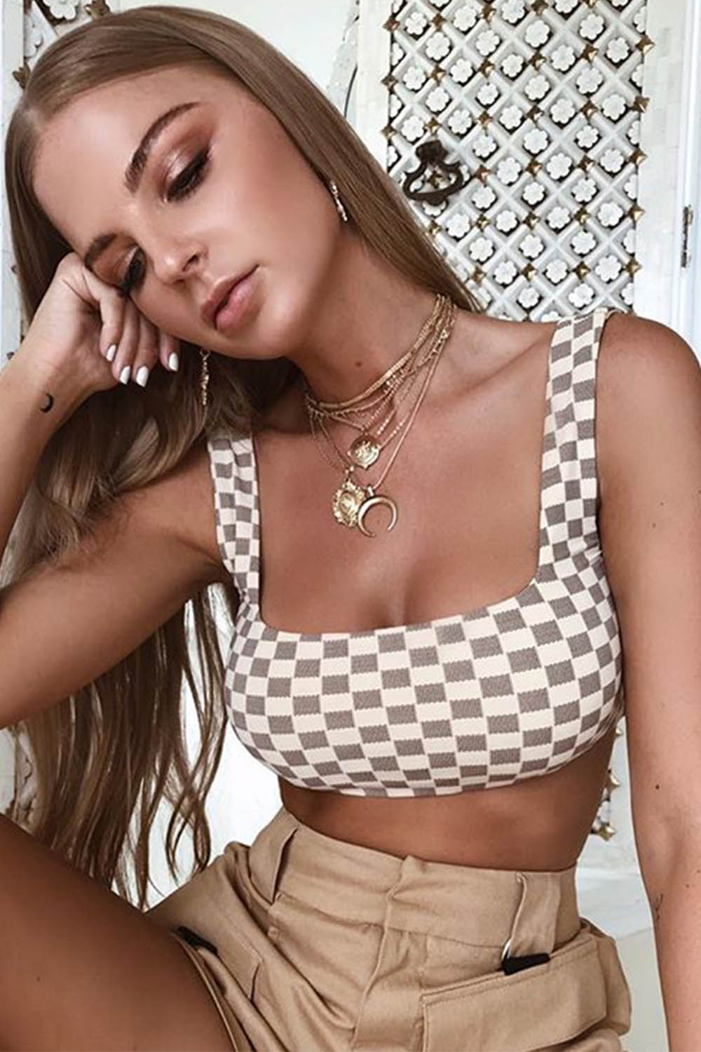 Iyasson Grid Print Tank Top Two-piece Bikini Set