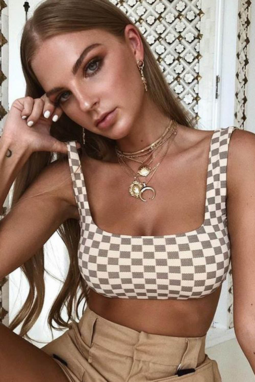 Iyasson Grid Print Tank Top Two-piece Bikini Set