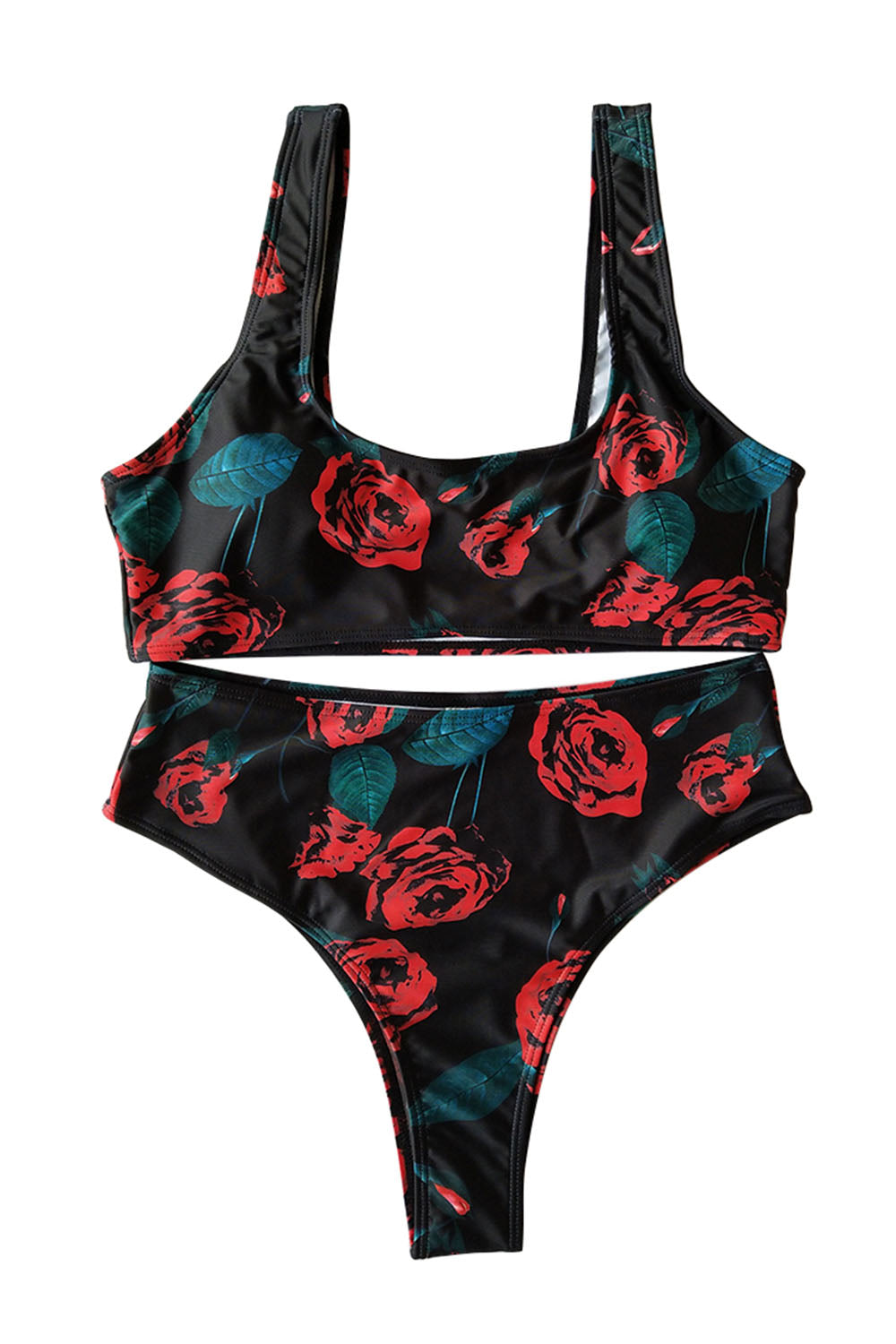 Iyasson Black High Waist Two-piece Rose Bikini Set