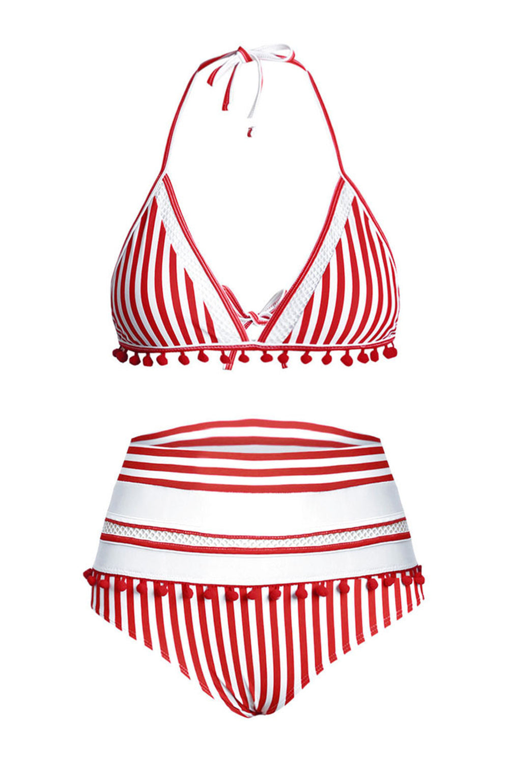 Iyasson Womens High Waist Two Pieces Bikini Set Padded Stripe Tassel Swimsuit