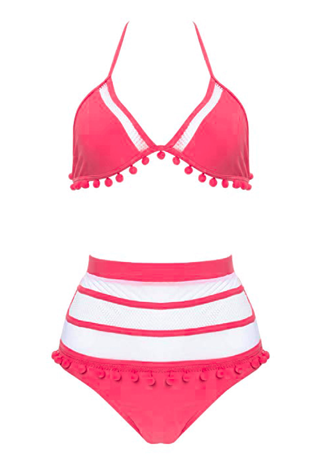 Iyasson Women's High Waist Two Pieces Bikini Set Padded Stripe Tassel Swimsuit