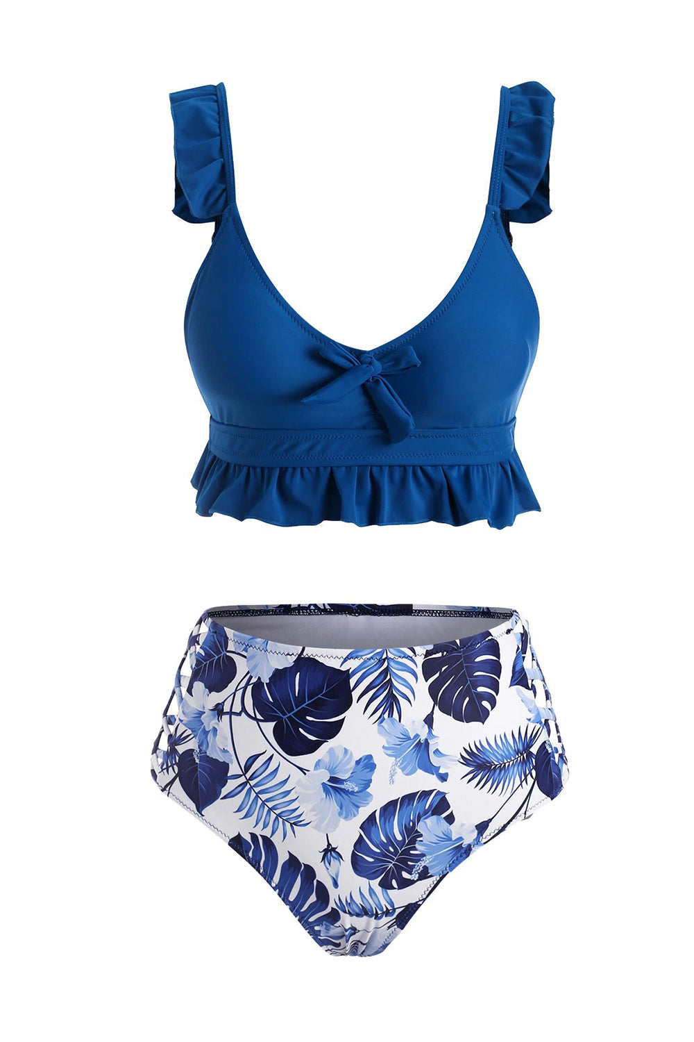 Ruffle Floral Palm Leaf Lattice Tankini Swimwear