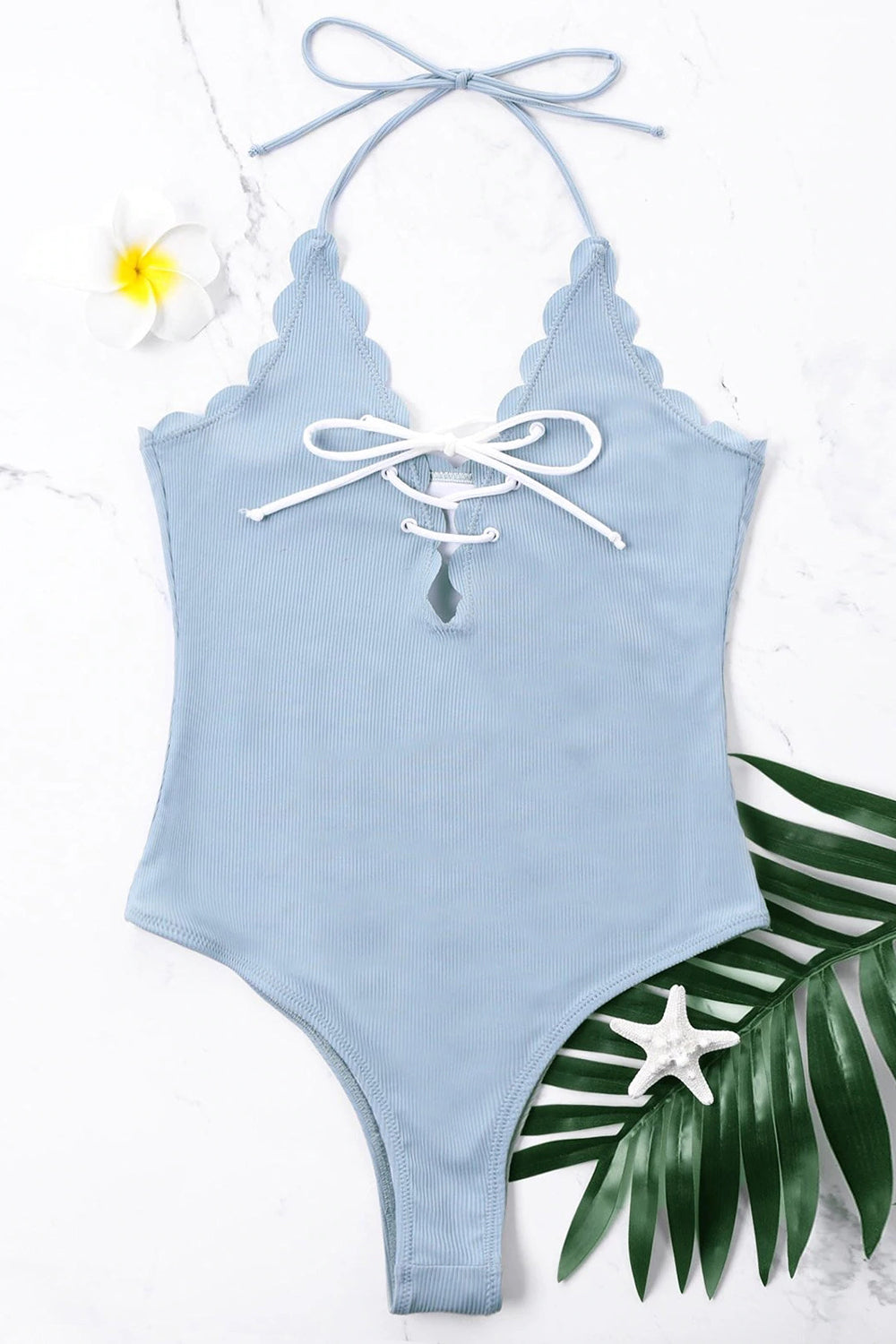 Scalloped One Piece Halter High Cut Swimwear