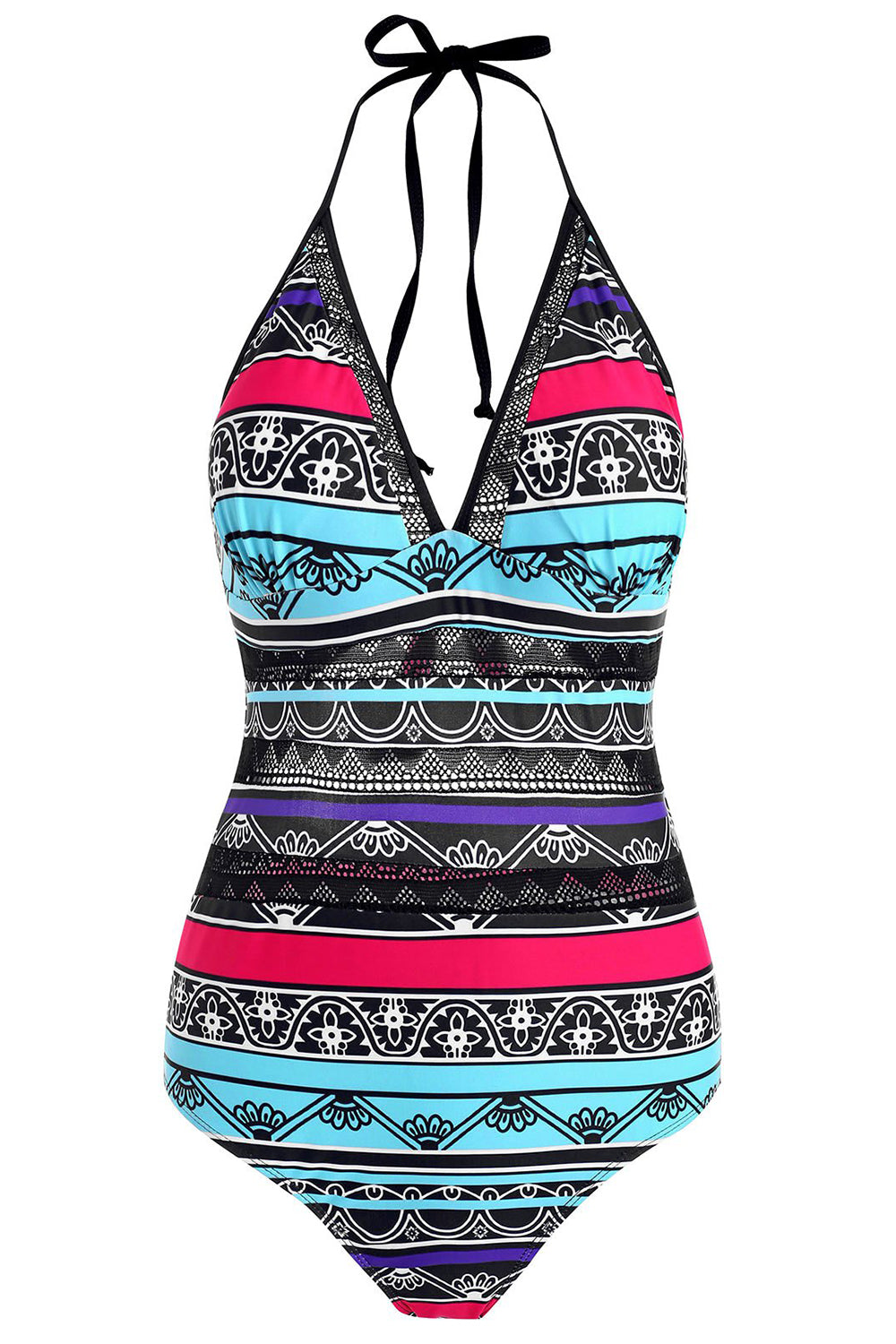 Striped Print Knot Crochet Panel One-piece Swimsuit