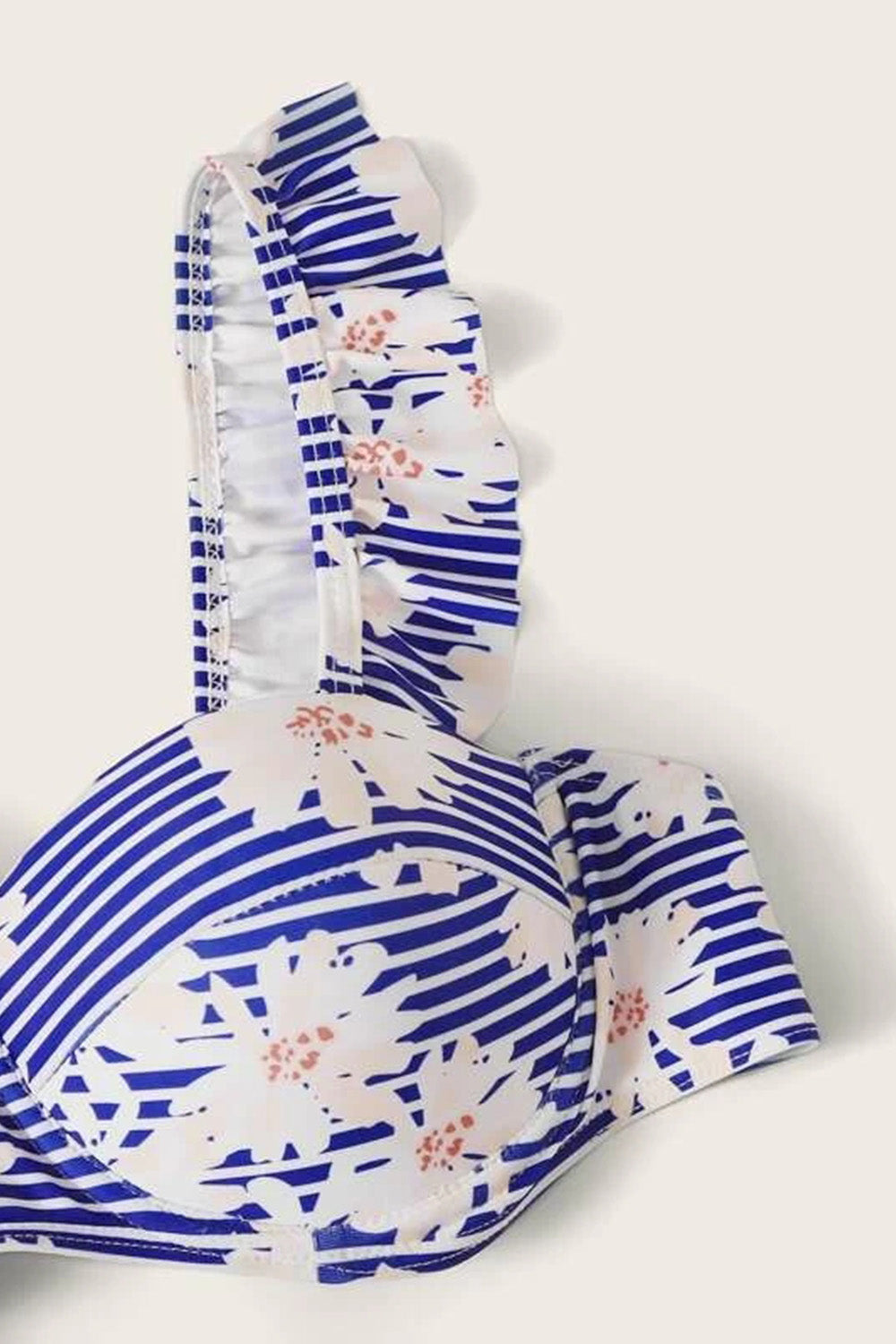 Random Floral & Striped Print Ruffle Trim Underwire Bikini Swimsuit