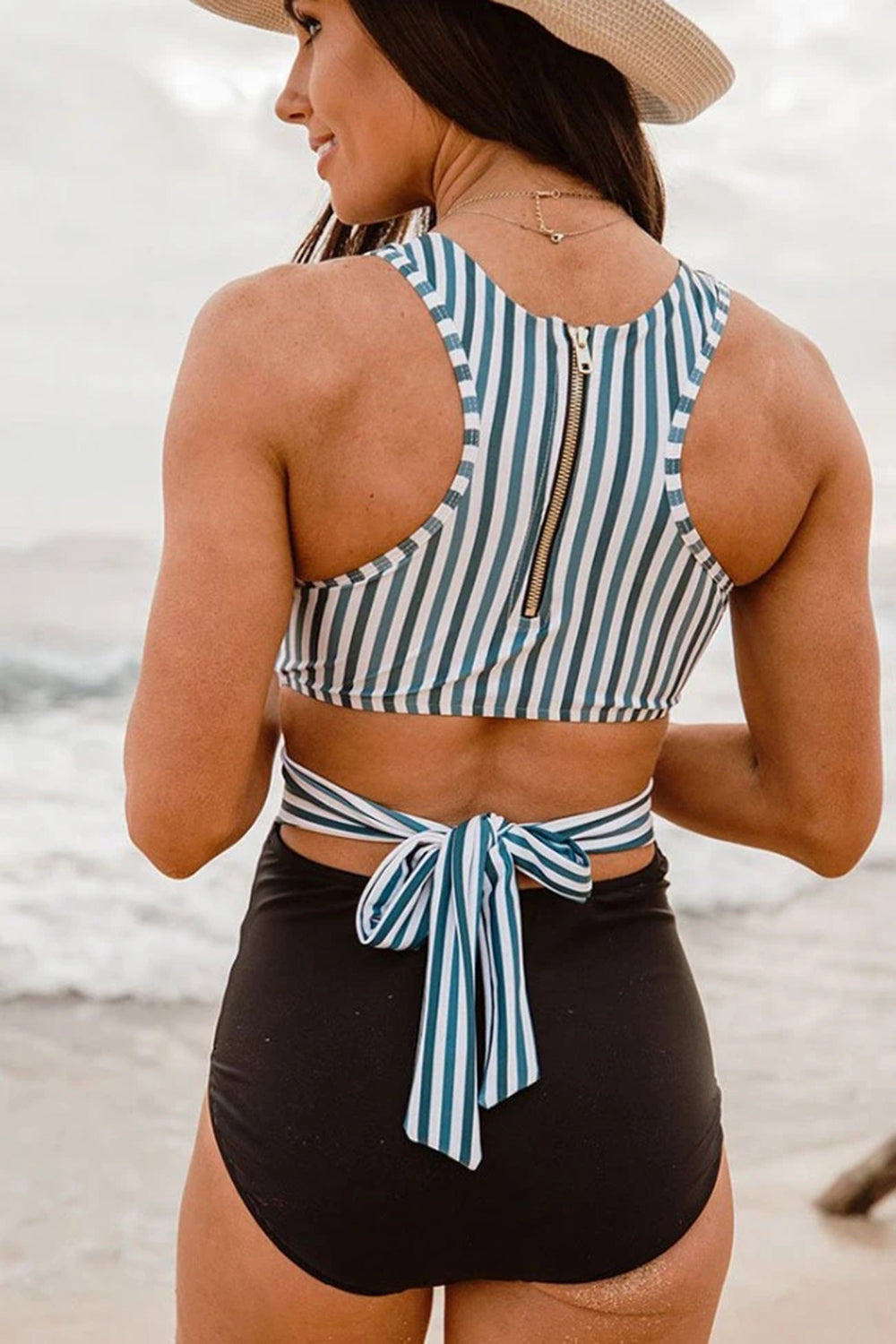 CONTRAST STRIPED KNOTTED CUTOUT BACK ONE PIECE SWIMSUIT