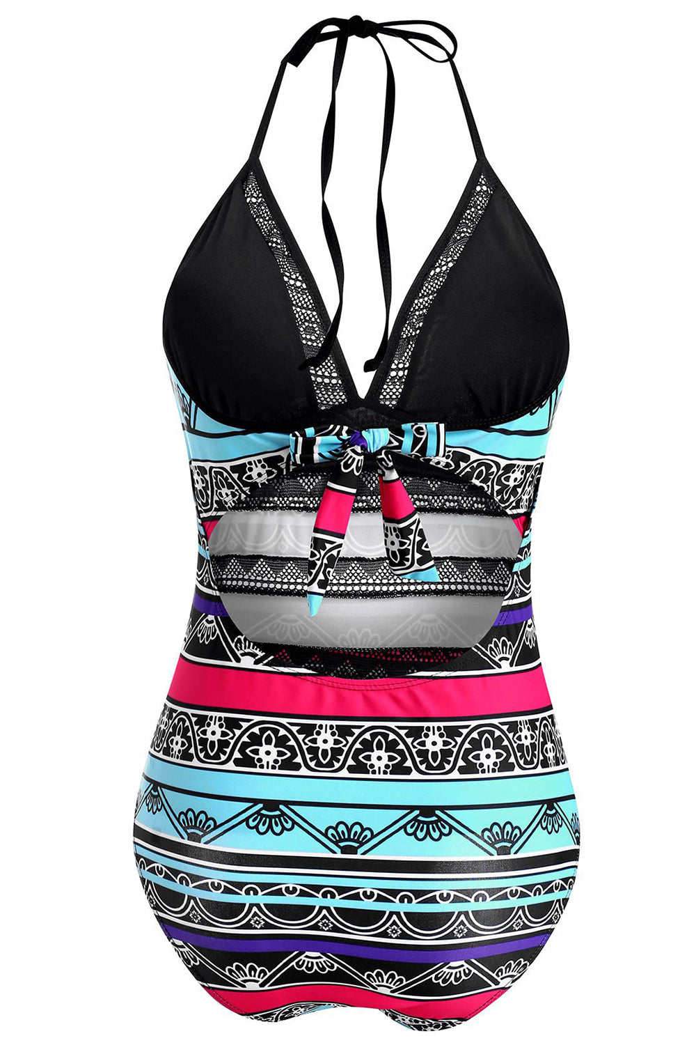 Striped Print Knot Crochet Panel One-piece Swimsuit