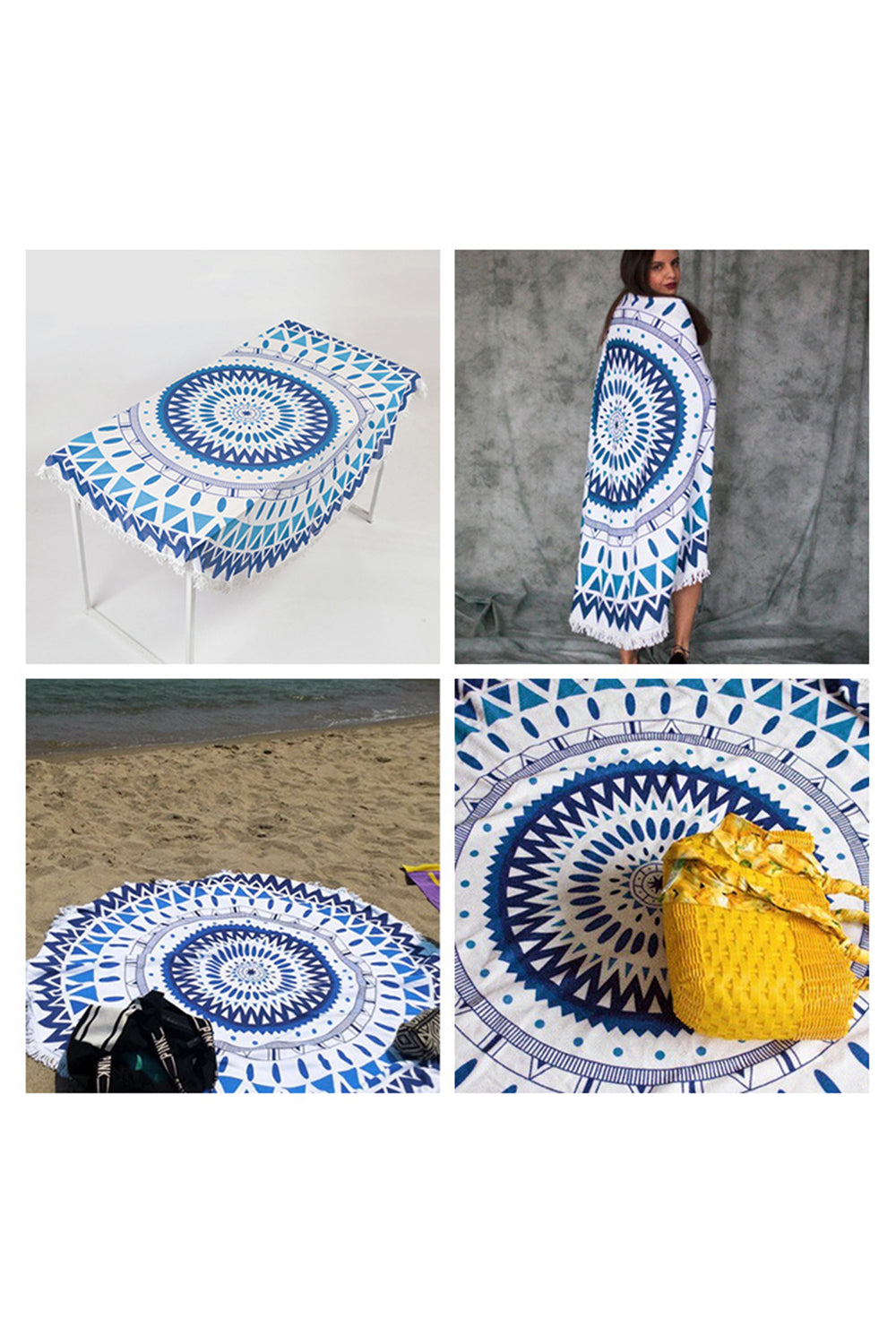 Tassel Giant Beach Blanket Picnic Camping Mat Round Towel Printed Shawl