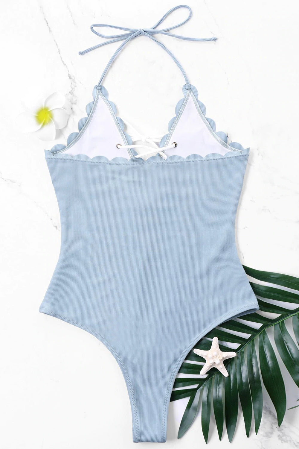 Scalloped One Piece Halter High Cut Swimwear