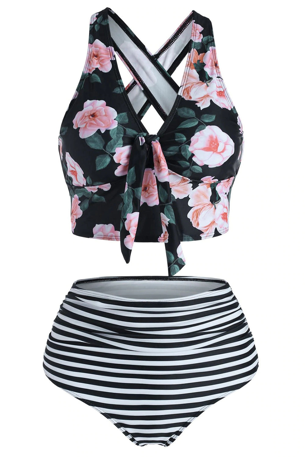 Floral Striped Ruched Crisscross Tankini Swimwear