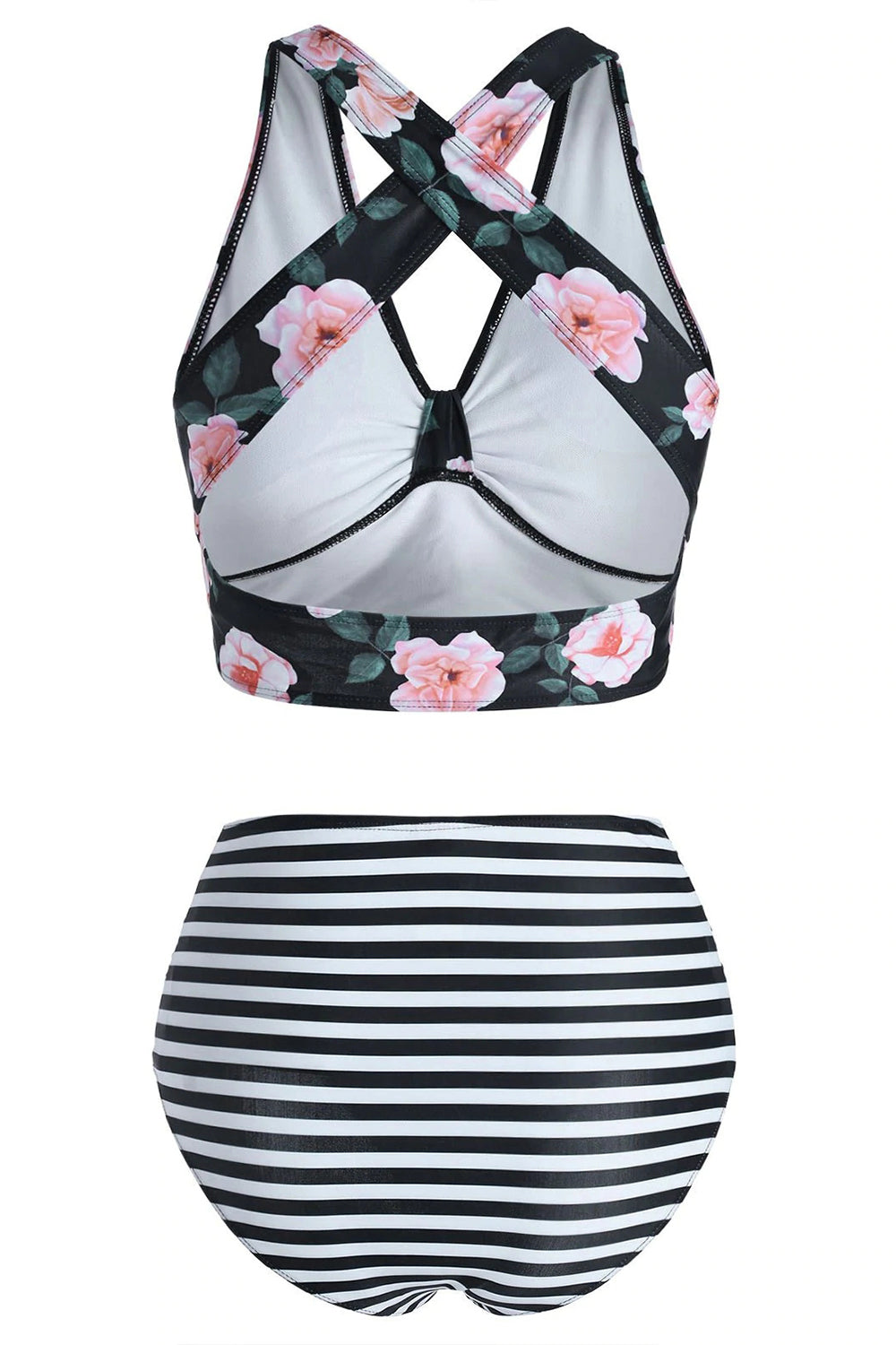 Floral Striped Ruched Crisscross Tankini Swimwear