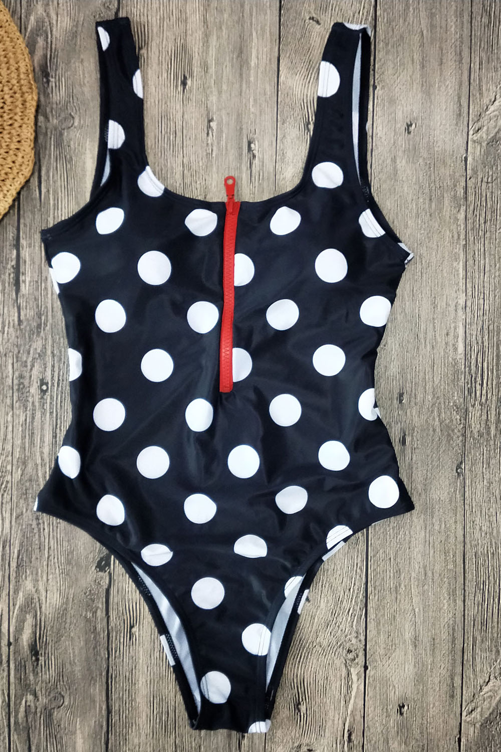 Black polka dot zip up one piece swimsuit