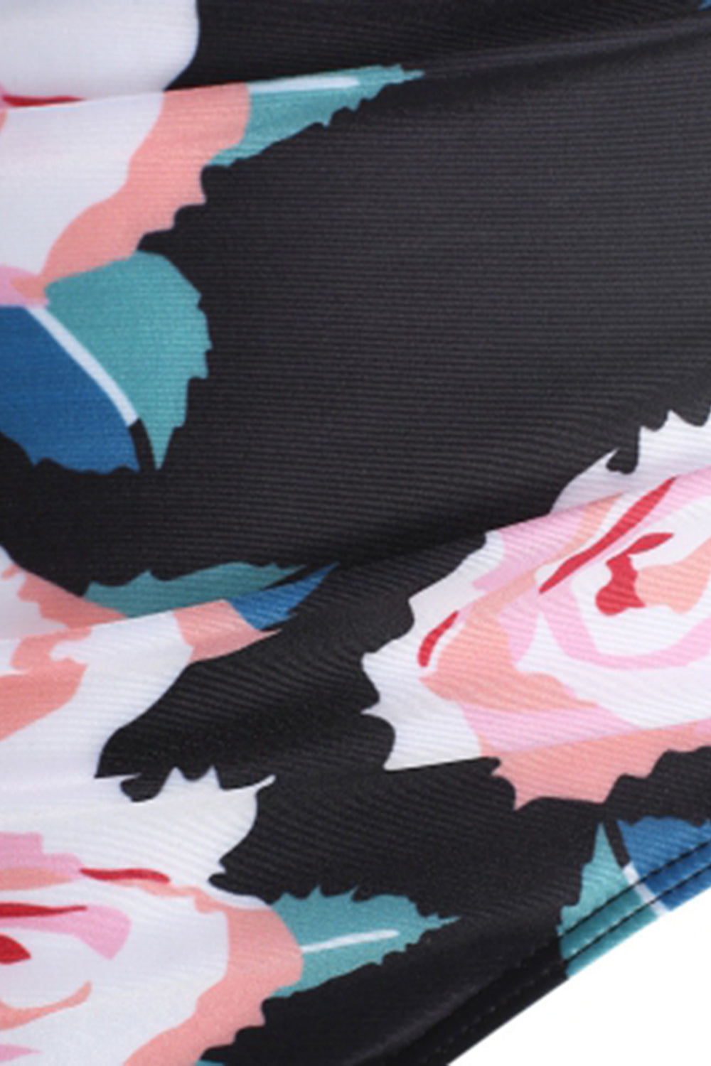 Floral Print Black U Neck Sexy Tummy Control Tankini Set