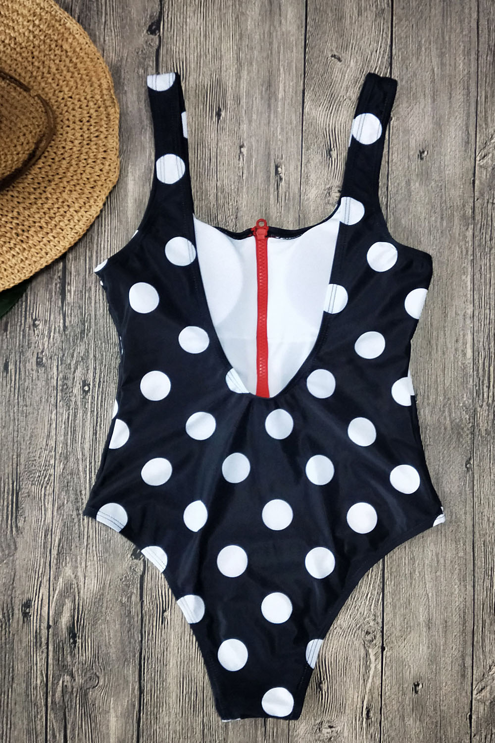 Black polka dot zip up one piece swimsuit