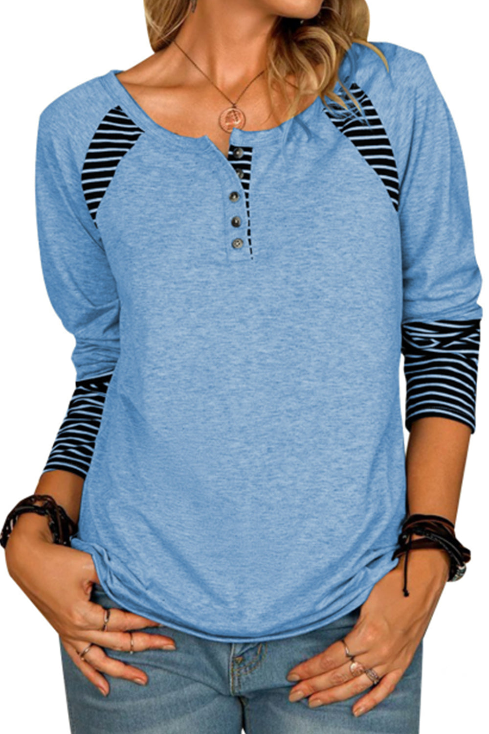 Women's Long Sleeve Printed Striped Casual T-Shirt Top