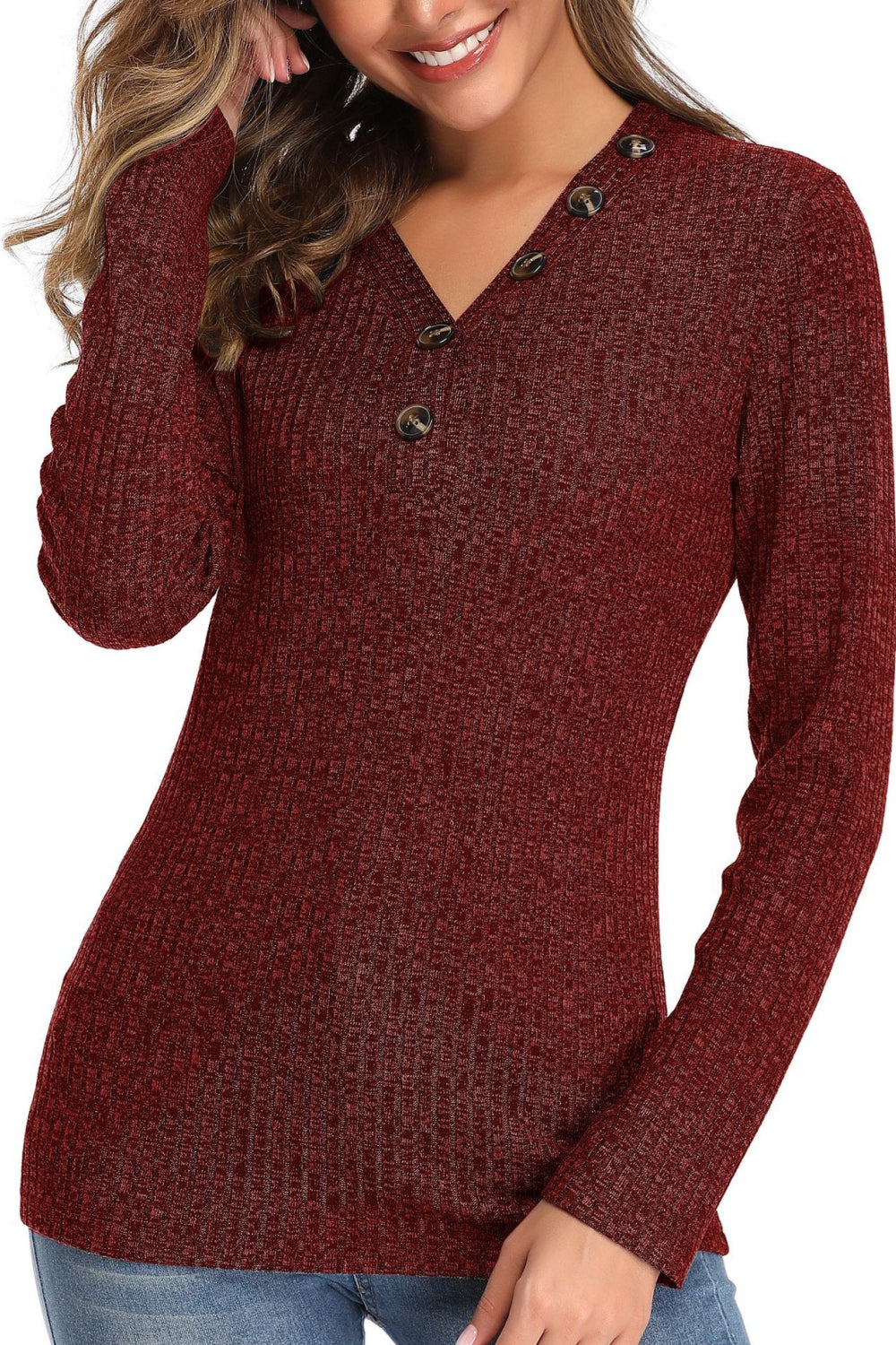 Women V-neck button long-sleeved Slim Knitted Sweater Pullover