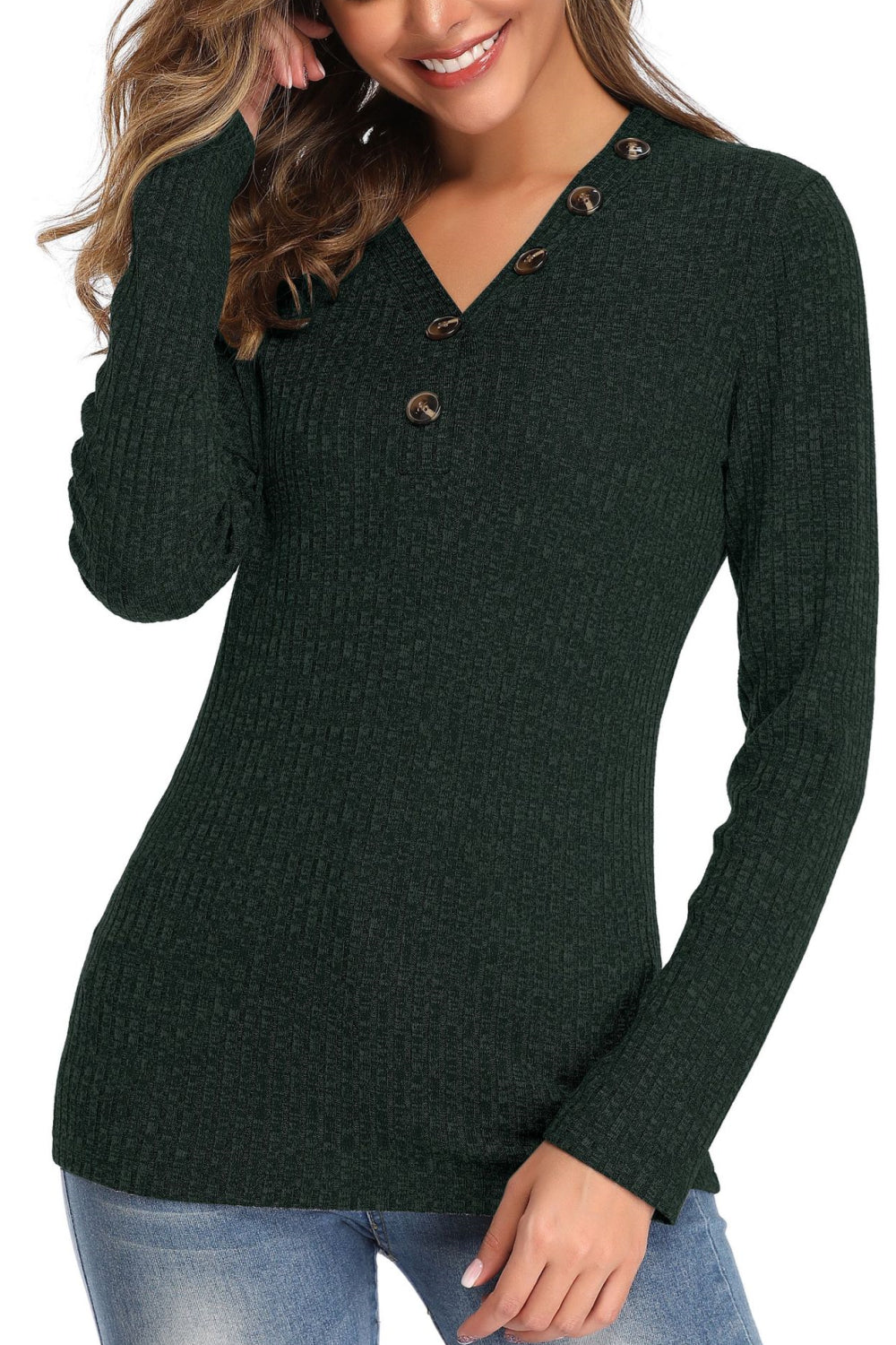 Women V-neck button long-sleeved Slim Knitted Sweater Pullover