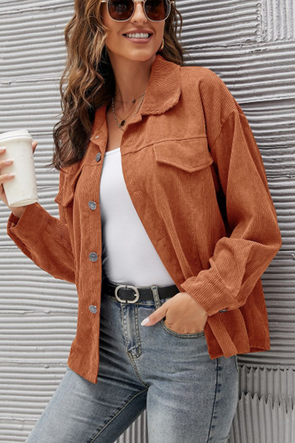 Women Corduroy Shirt Lapel Long Sleeve Casual Jacket