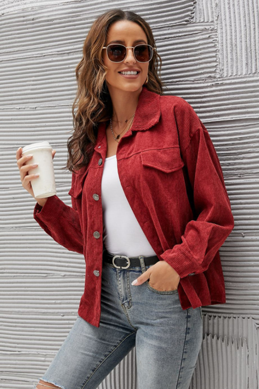 Women Corduroy Shirt Lapel Long Sleeve Casual Jacket