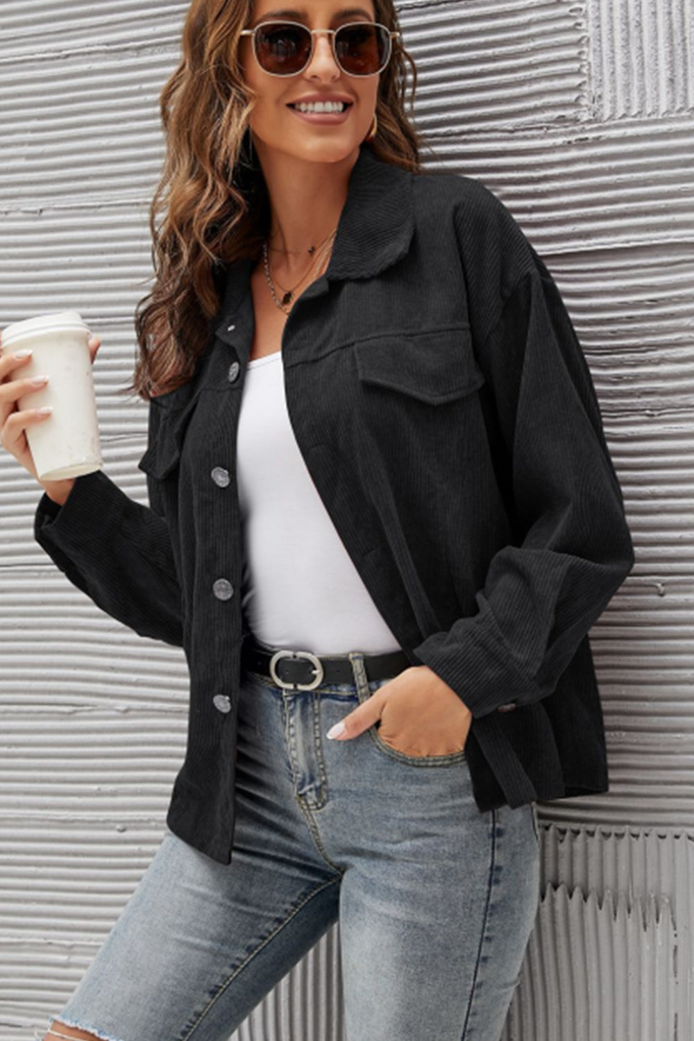 Women Corduroy Shirt Lapel Long Sleeve Casual Jacket