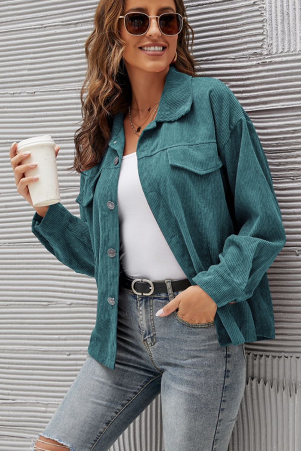 Women Corduroy Shirt Lapel Long Sleeve Casual Jacket