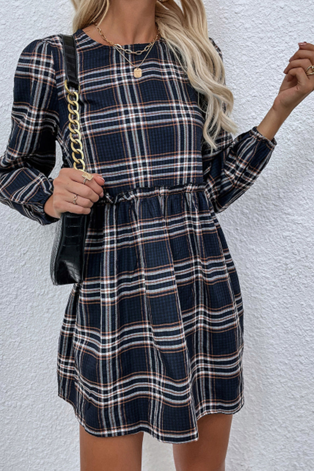 Plaid Casual Loose Long Sleeve Waist Pleated Women Dress