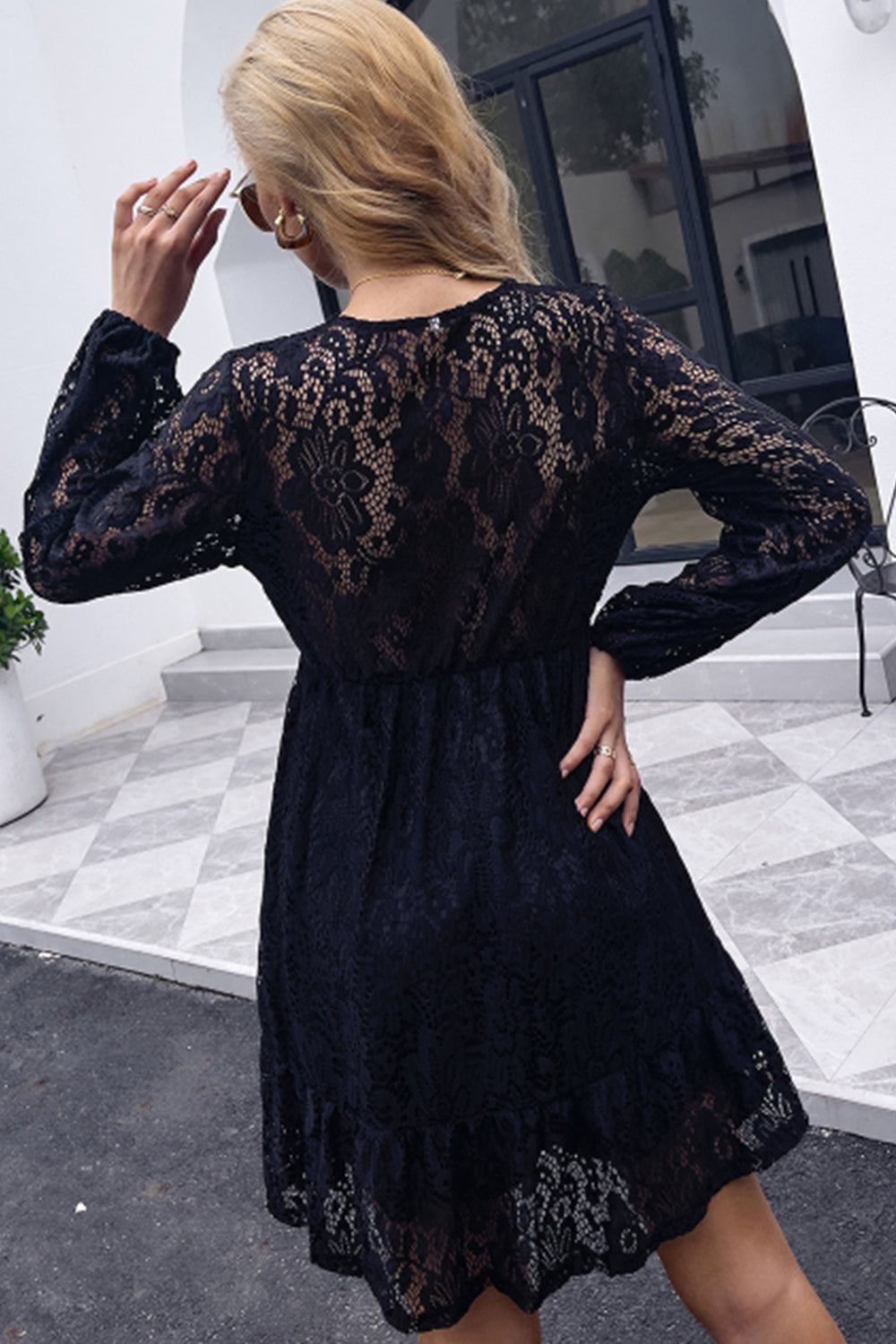 Women Sexy Black Lace High Waist long sleeved Dress