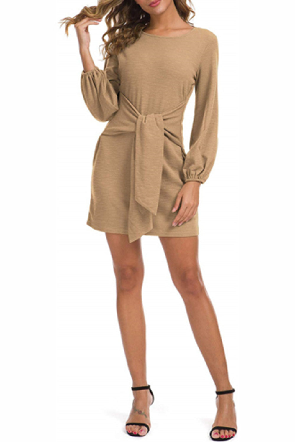 WOMEN LANTERN SLEEVE TIE WAIST KNIT SHORT DRESS