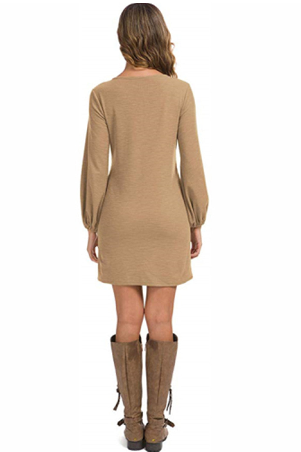 WOMEN LANTERN SLEEVE TIE WAIST KNIT SHORT DRESS