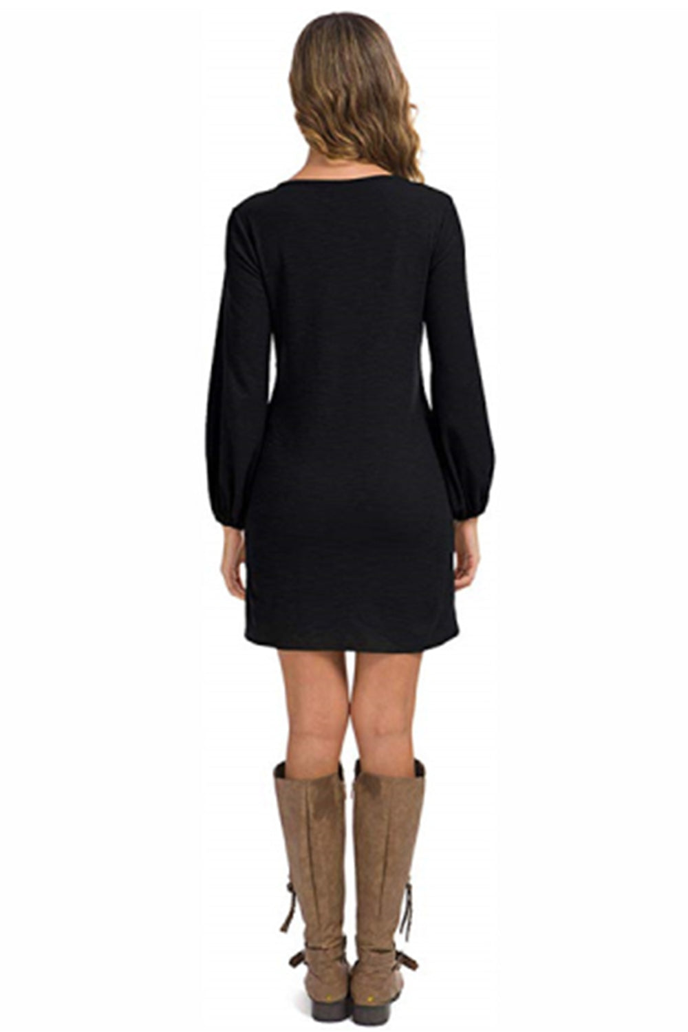 WOMEN LANTERN SLEEVE TIE WAIST KNIT SHORT DRESS