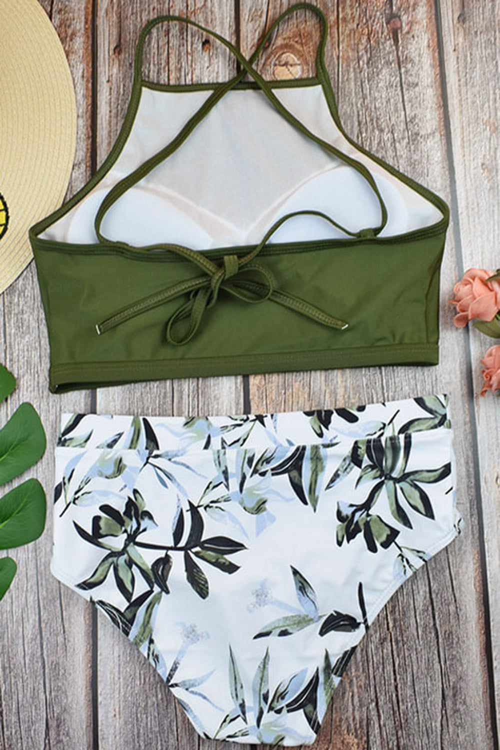 HIGH WAIST LEAF PRINTED HIGH NECK BIKINI SWIMSUIT