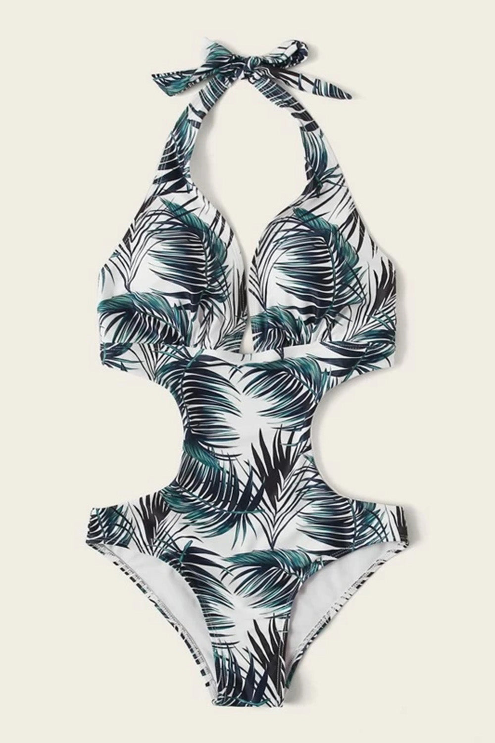 Tropical Print Halter Cutout One Piece Swimsuit