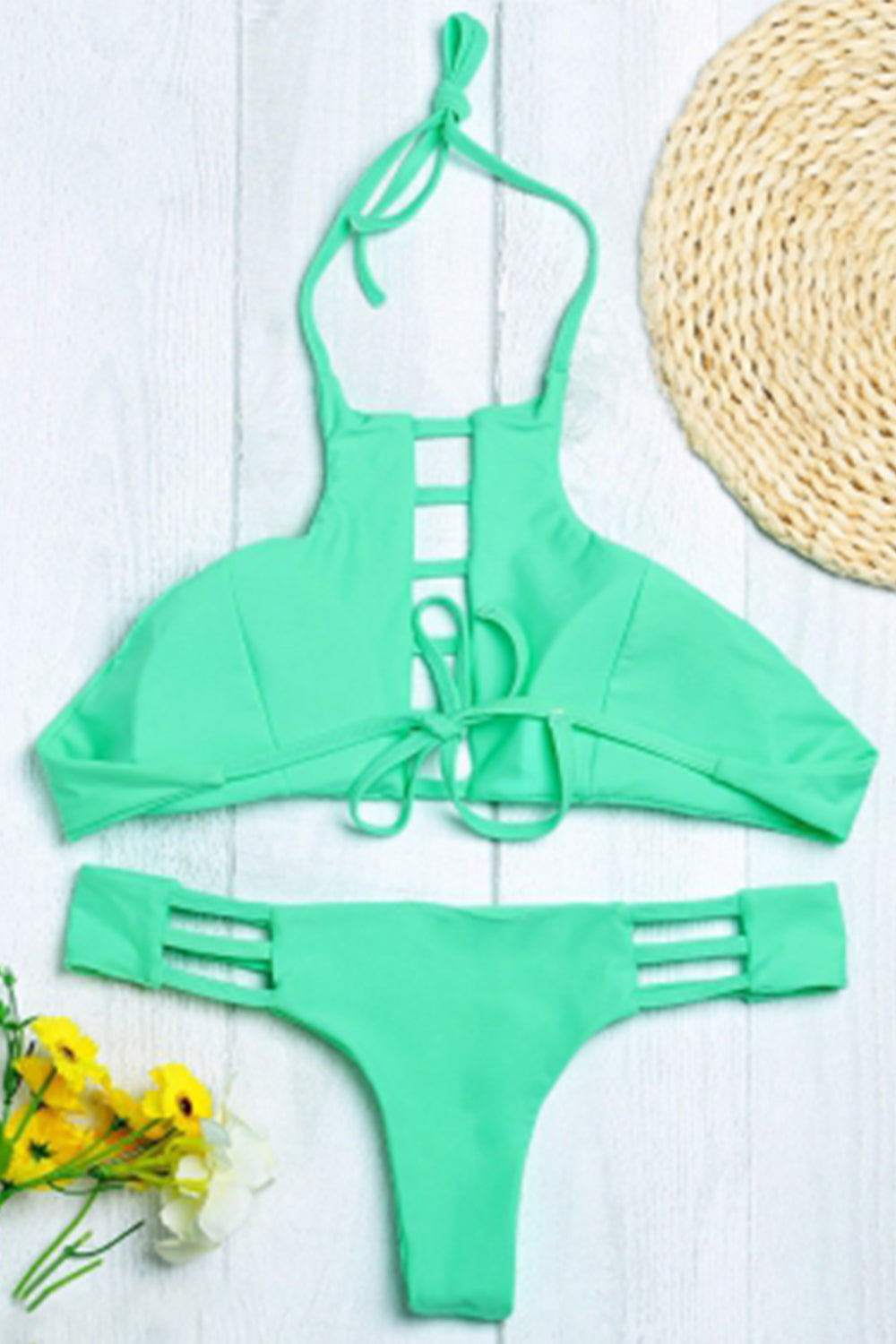 Halter Neck Backless Cut Out Tied Strap Low Waist Women Bikini Set