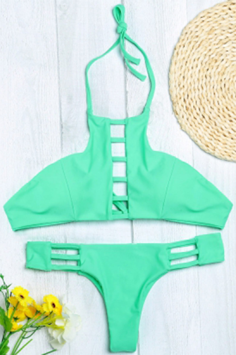 Halter Neck Backless Cut Out Tied Strap Low Waist Women Bikini Set
