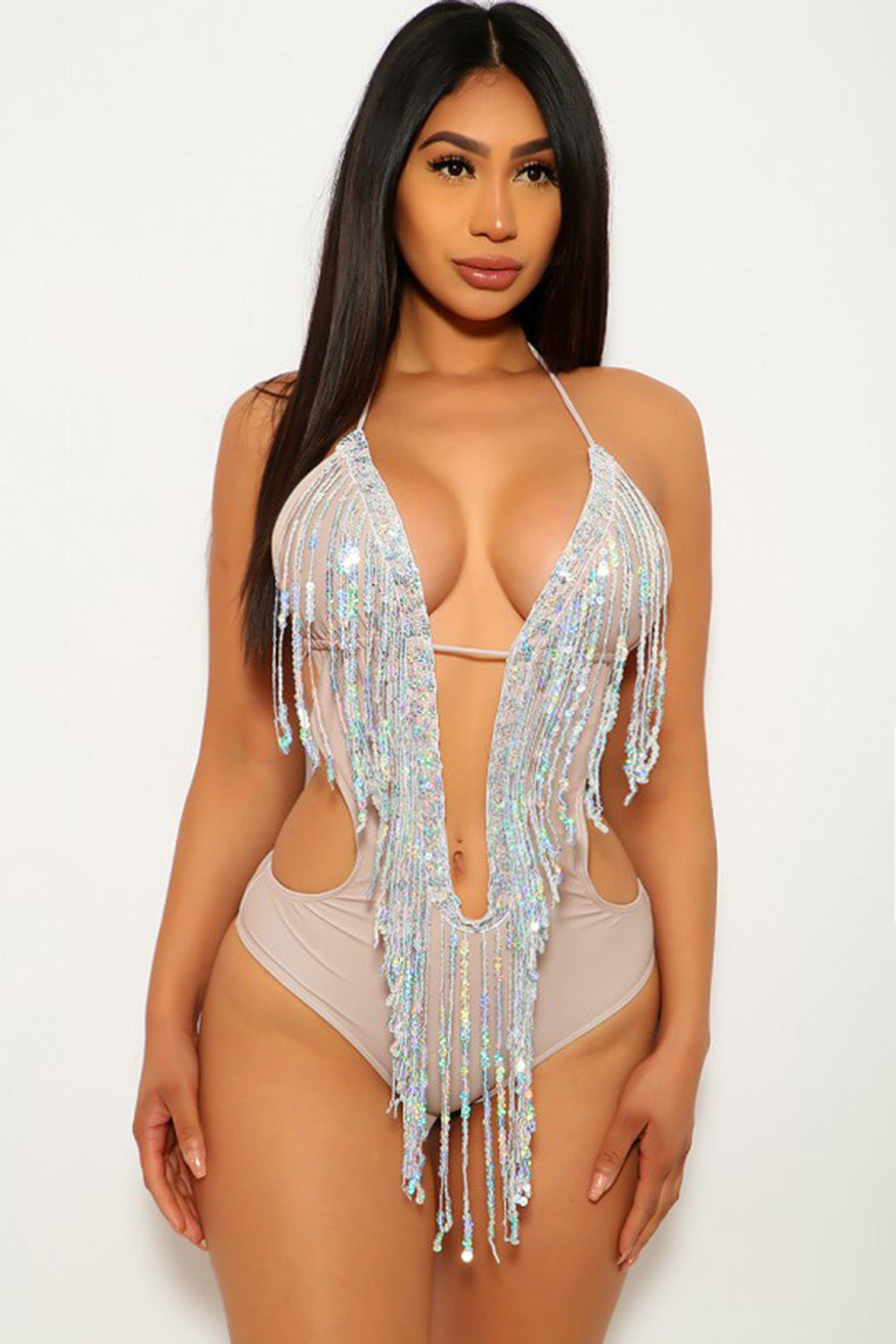 Khaki Silver Fringe Sequins Monokini