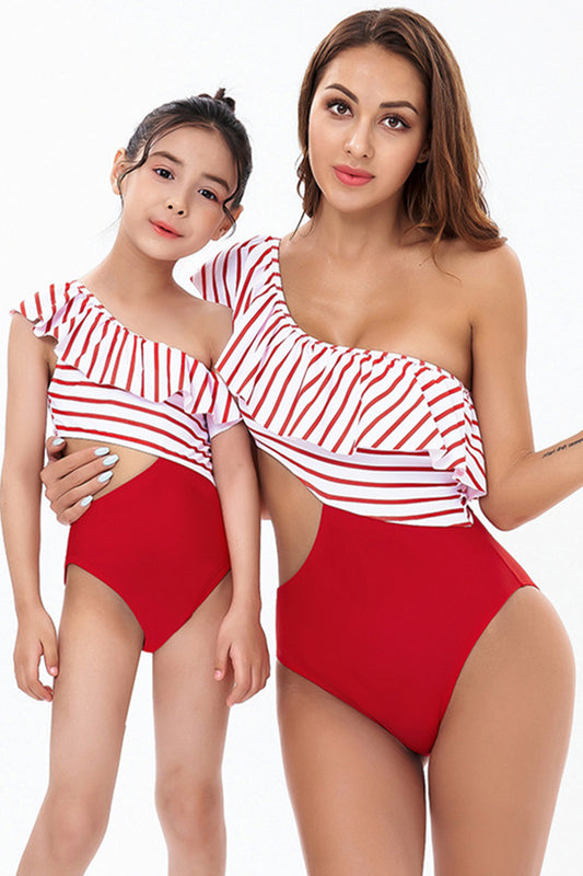 Red Stripe Cut Out Ruffle One Piece Mommy and Me Swimsuits