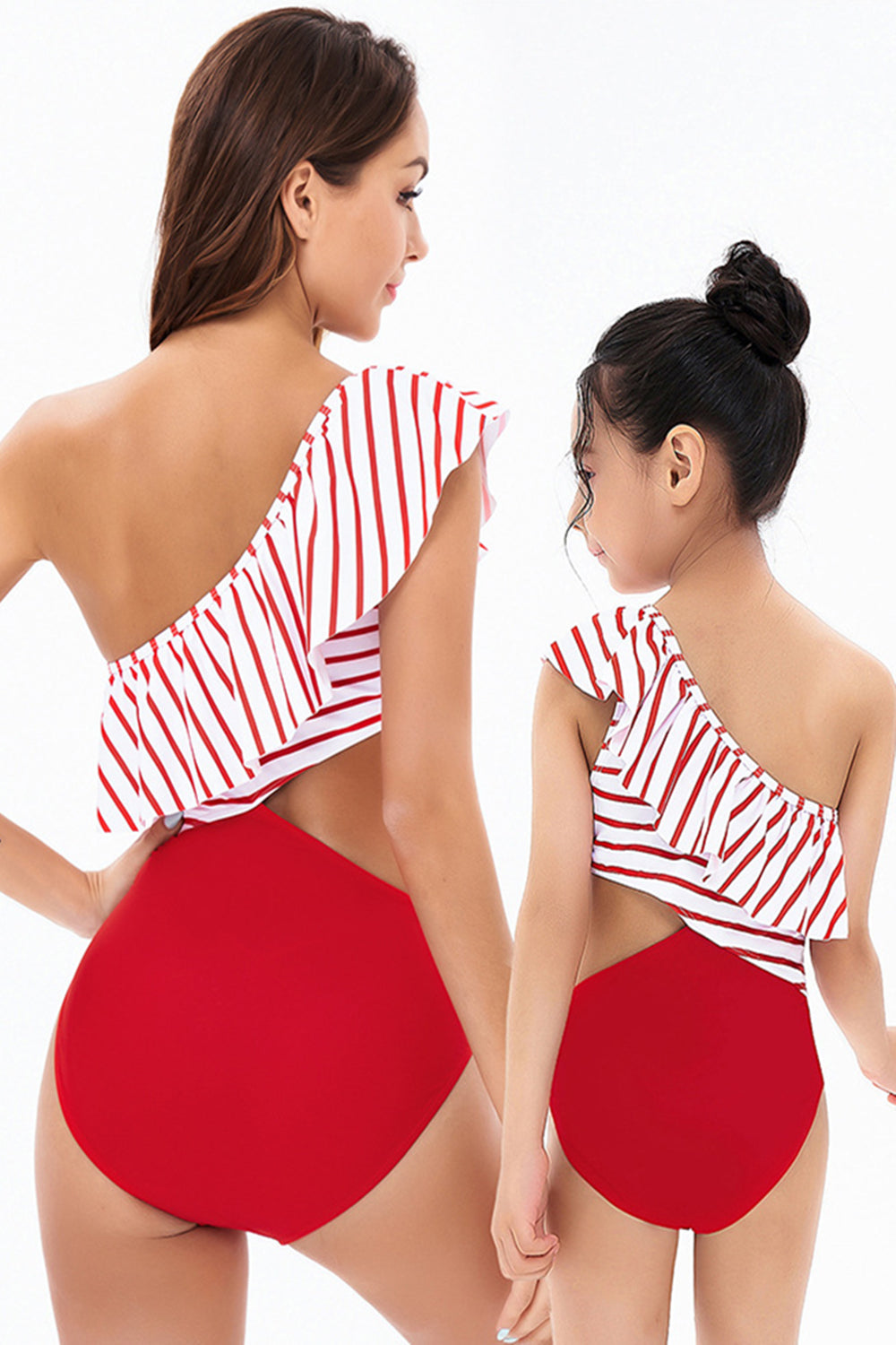 Red Stripe Cut Out Ruffle One Piece Mommy and Me Swimsuits