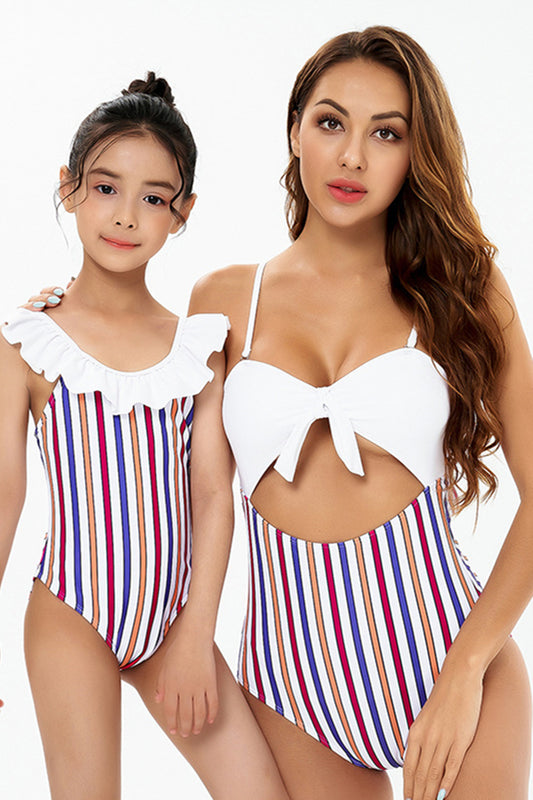 Mommy and Me Swimsuits Vertical Rainbow Stripe Bowknot
