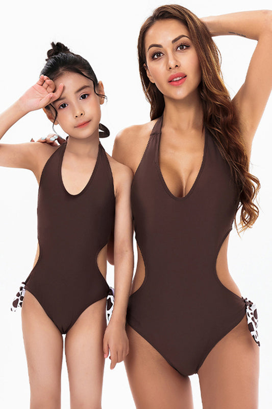 Mommy and Me Swimsuits Solid Color Halter One Piece