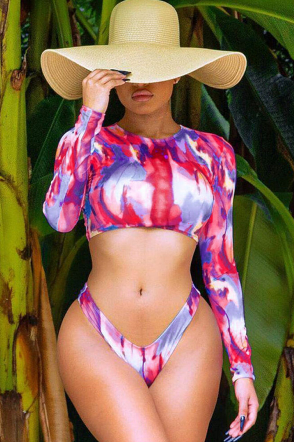 WOMEN LONG SLEEVE TIE DYE TANKINI SWIMSUIT