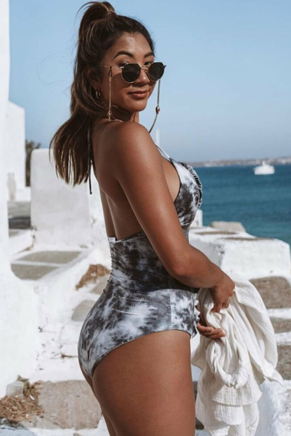 WOMEN RUFFLE MARBLE PRINT LACE UP SWIMSUIT