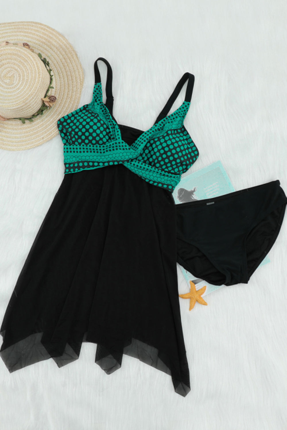 WOMEN POLKA DOT TWIST HANDKERCHIEF HEM DRESS SWIMSUIT