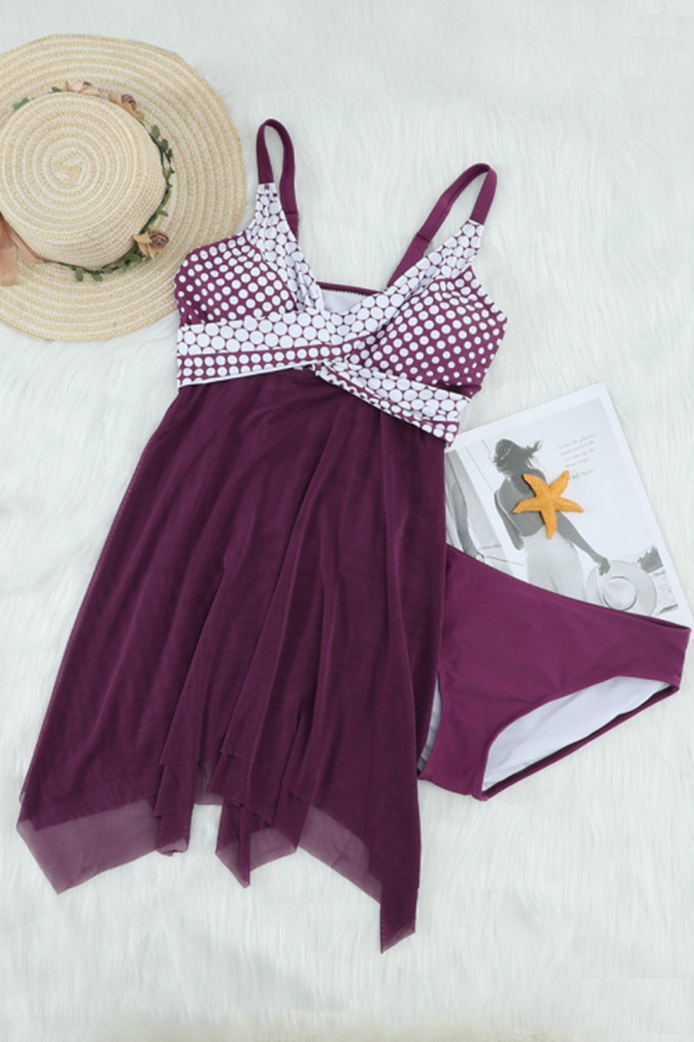 WOMEN POLKA DOT TWIST HANDKERCHIEF HEM DRESS SWIMSUIT