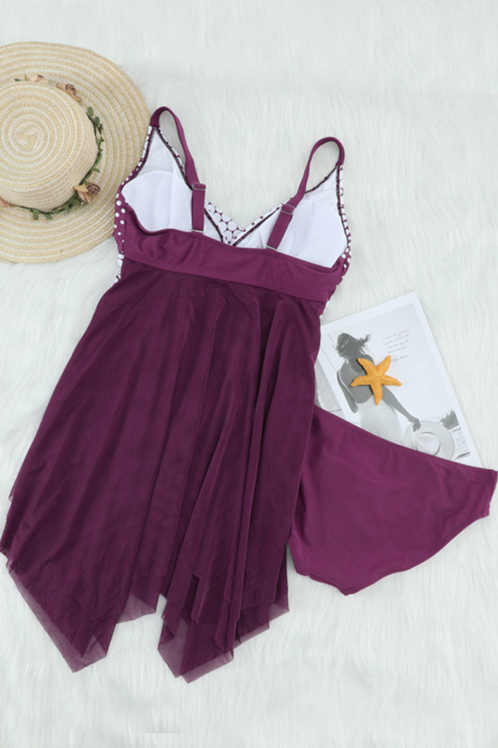 WOMEN POLKA DOT TWIST HANDKERCHIEF HEM DRESS SWIMSUIT