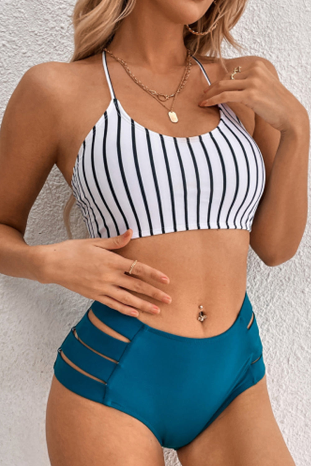Women Sexy Striped Sling High Waisted Halter Bikini