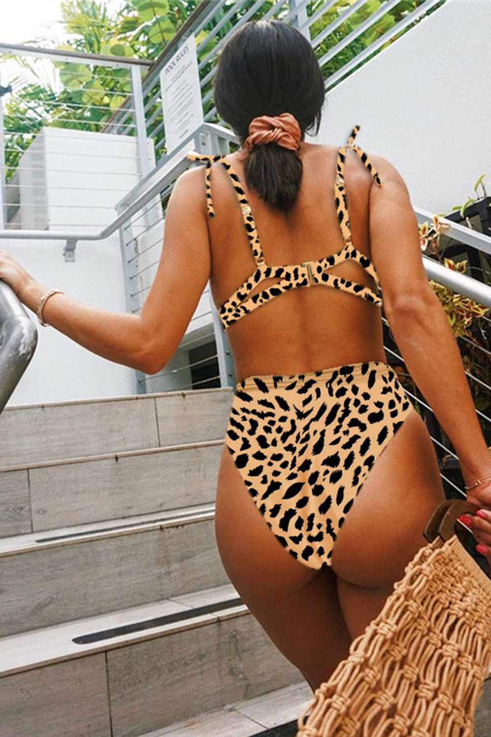 High waist stripe leopard bikini set