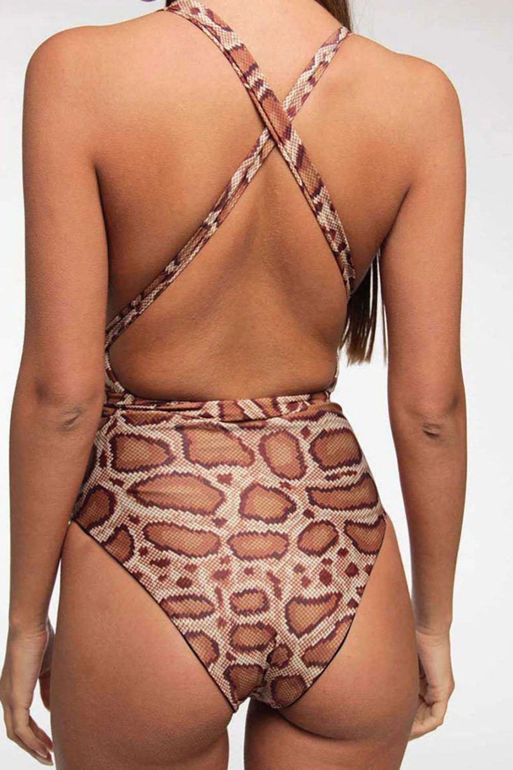 LOW BACK HIGH LEG CRISSCROSS BACK SNAKE DEEP V ONE PIECE SWIMSUIT
